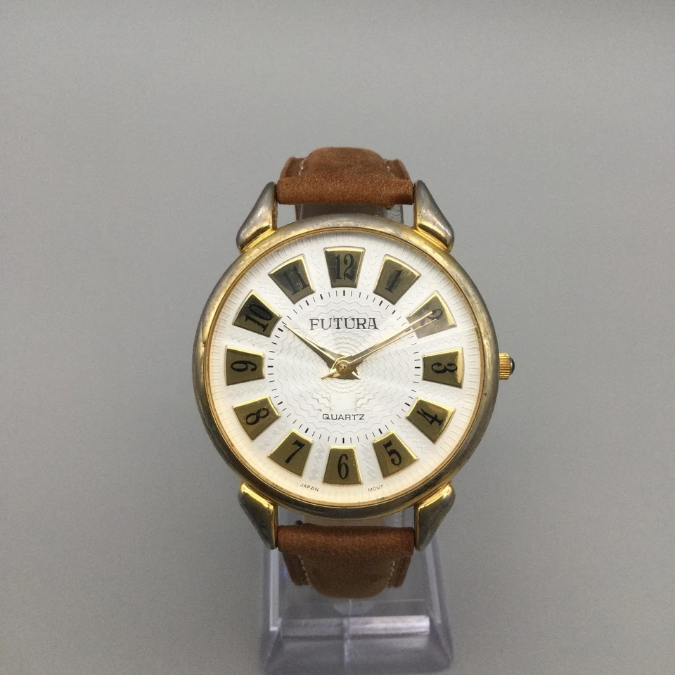 Reloj Futura Vintage Tono Dorado 39mm Cristal Facetado Cuero Batería Nueva Foto 2 de 4