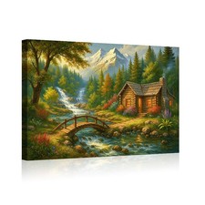 Mountain Cabin Bridge Landscape Wall Art Canvas Poster Scenic Nature Home Decor