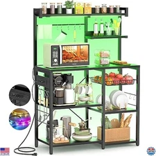 Aheaplus Stylish Bakers Rack with Power Outlet, LED Lights & Storage - Black