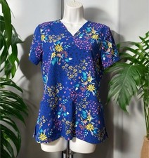 Women Cherokee Uniforms Blue Floral Design Short Sleeve V-Neck Scrub Top Sz XS