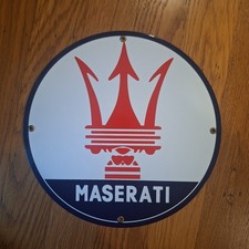 Vtg MASERATI Automotive Porcelain Metal, Automotive Sign 11 3/4" Man Cave