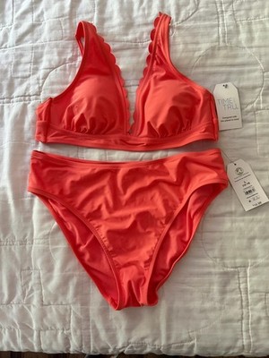 Time &Tru 2 Piece Bikini Scalloped Trim-Orange/Coral Size L 12-14-  NEW
