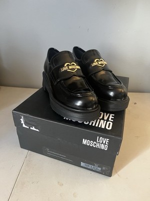 Love Moschino Heart Plaque Logo Black Calf Leather Loafers Women s Size 36 EU 