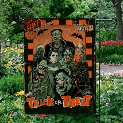 Halloween Garden Flag   Vintage Trick or Treat Horror Monsters Outdoor Décor