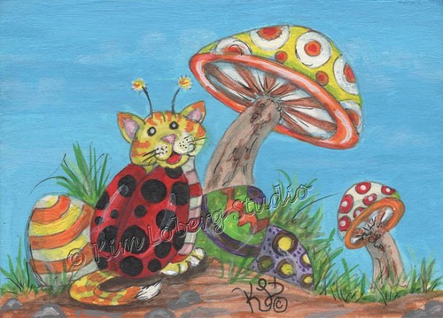 ACEO Original Cat Ladybug Easter Egg Mushroom Kim Loberg fantasy insect tiny art