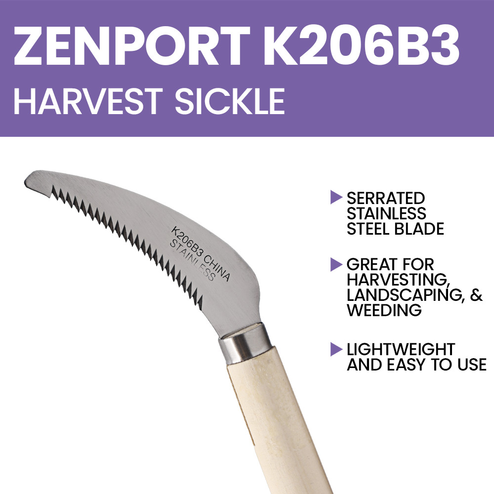 Zenport K206B3 Serrated Weeding Sickle, Wood Handle, 4.3 Inch Blade - 3 Pack
