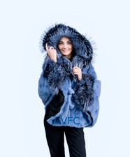 Baby Blue Mink Fur Cape With Fox Hood, Real Fur Cape ,Luxury Fur Cape