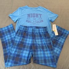 Cat  Jack Pajama Set Youth 2XL 16/18 Night Owl Club Shirt Plaid Pants Sleepwear