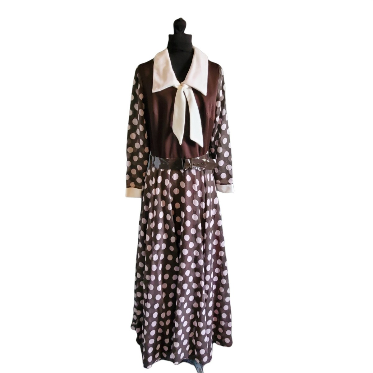Vintage 70s Polka Dot Wide Collar Ascot Tie Belted Maxi Dress | eBay
