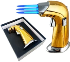 Victory Triple Torch Table Top Jet Lighter Butane W/ Gift Box Shinny Gold Color