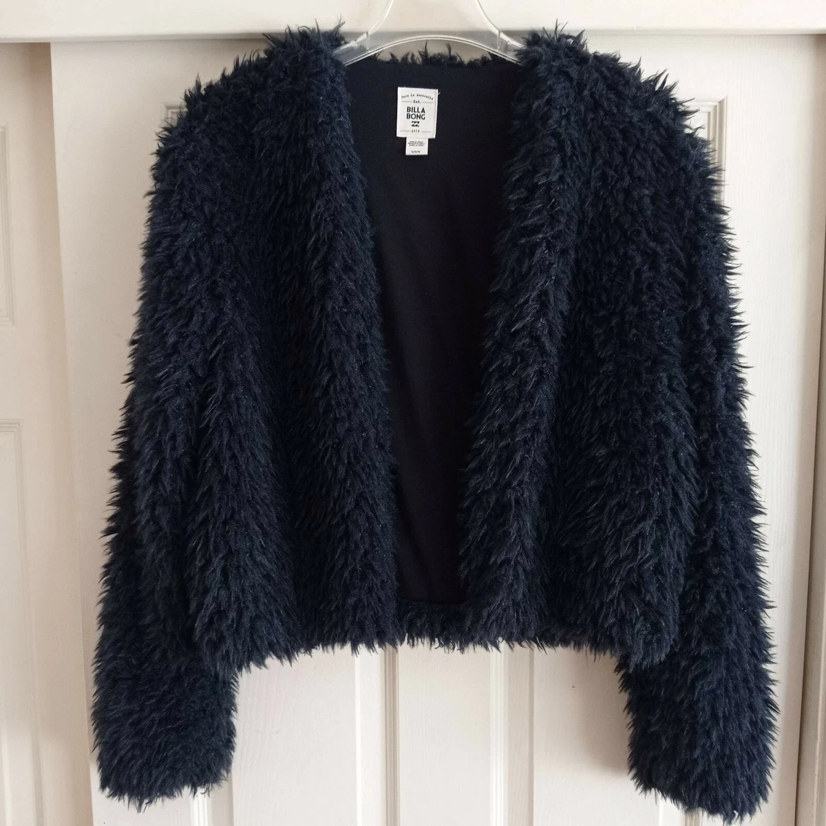 Billabong Size L Fur Keeps Open Front Jacket Black Faux Fur Teddy