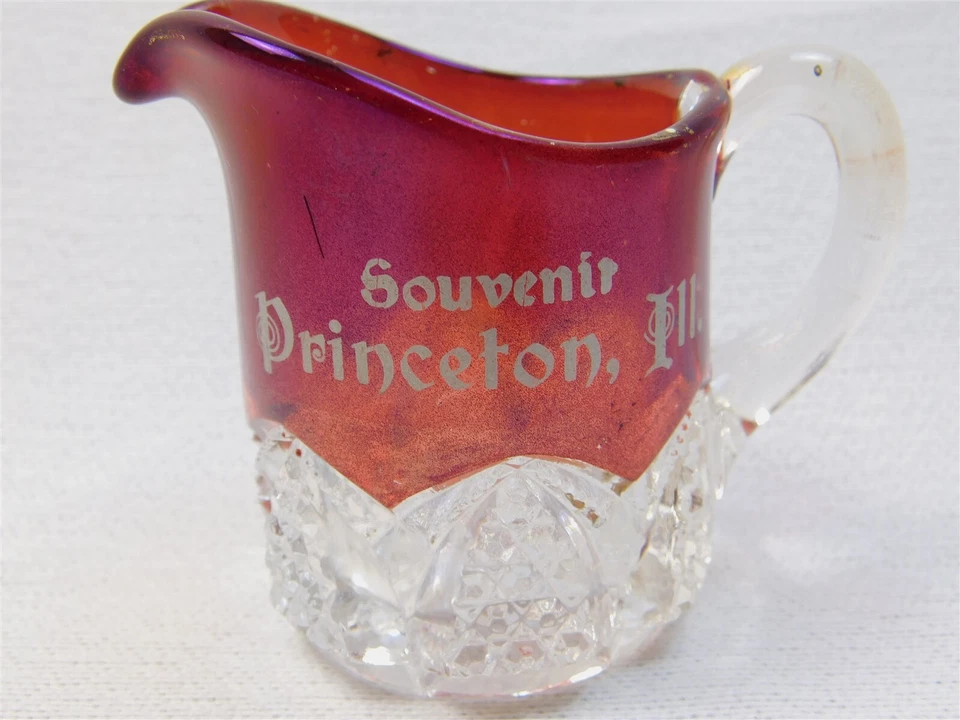 Antique Ruby Stained EAPG Glass Creamer Pitcher Souvenir Princeton, Ill. 2.5" - Image 2 of 4