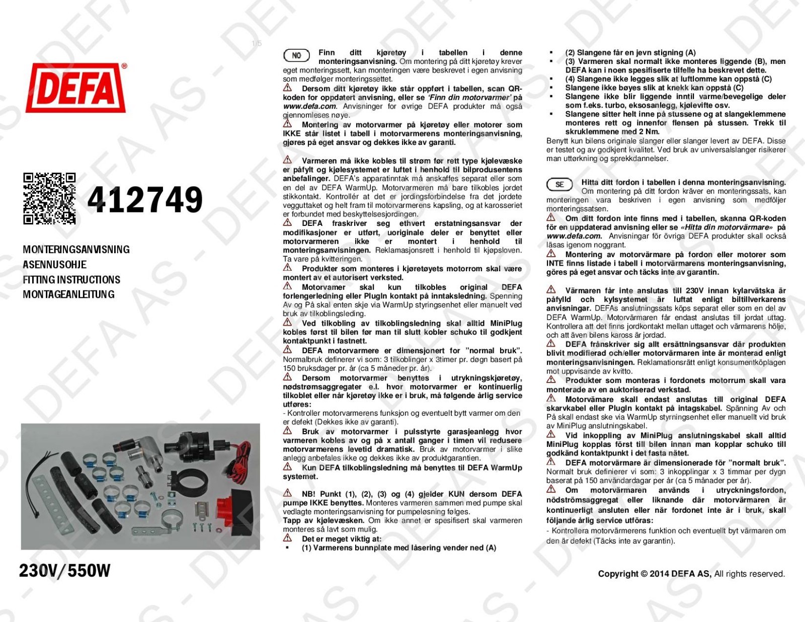 Engine Block Heater Element Defa 412749 for Lexus GS Is RC 300h  