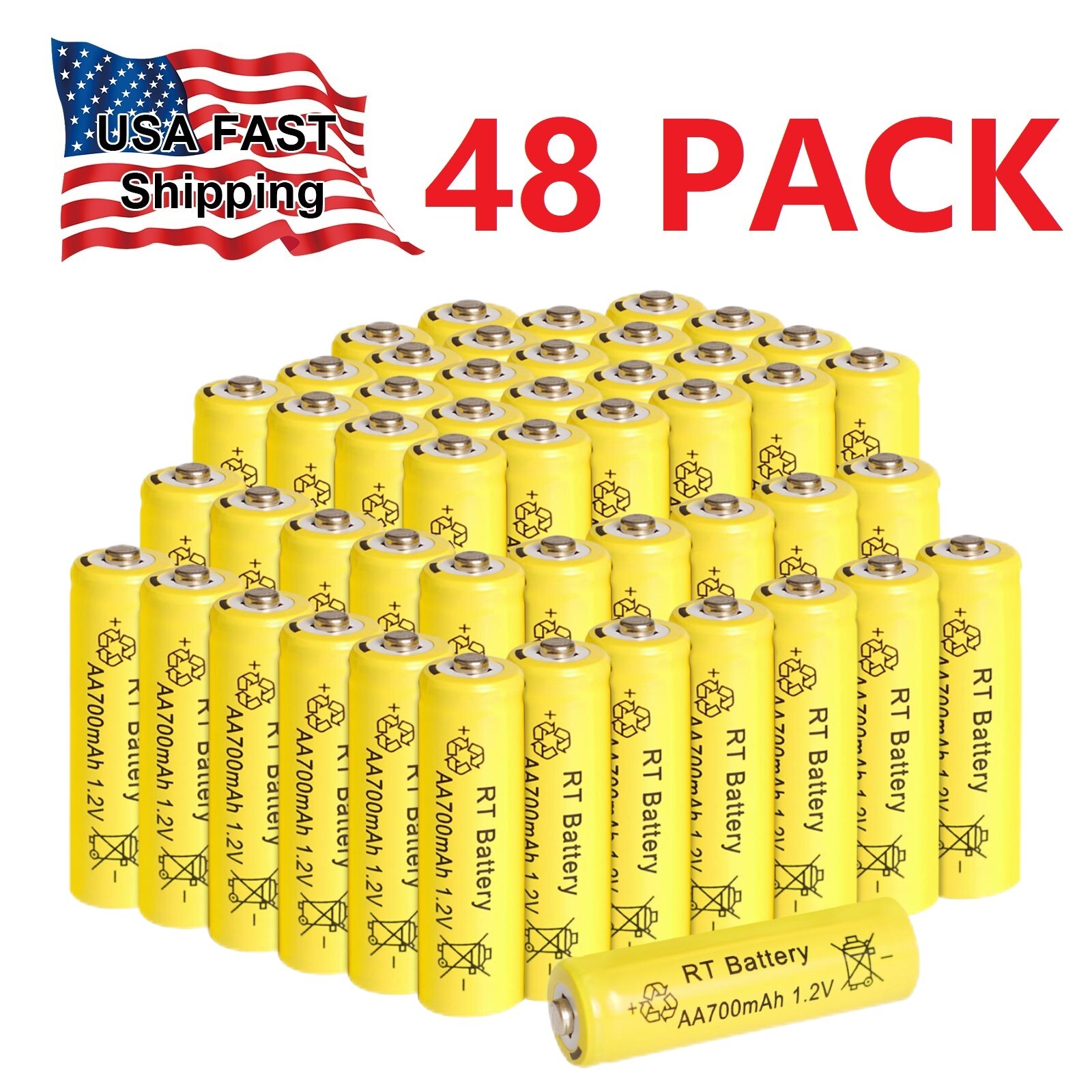 48 Pack Rechargeable AA Battery Ni-MH 1.2v 700mAh Batteries Button Top for Toys