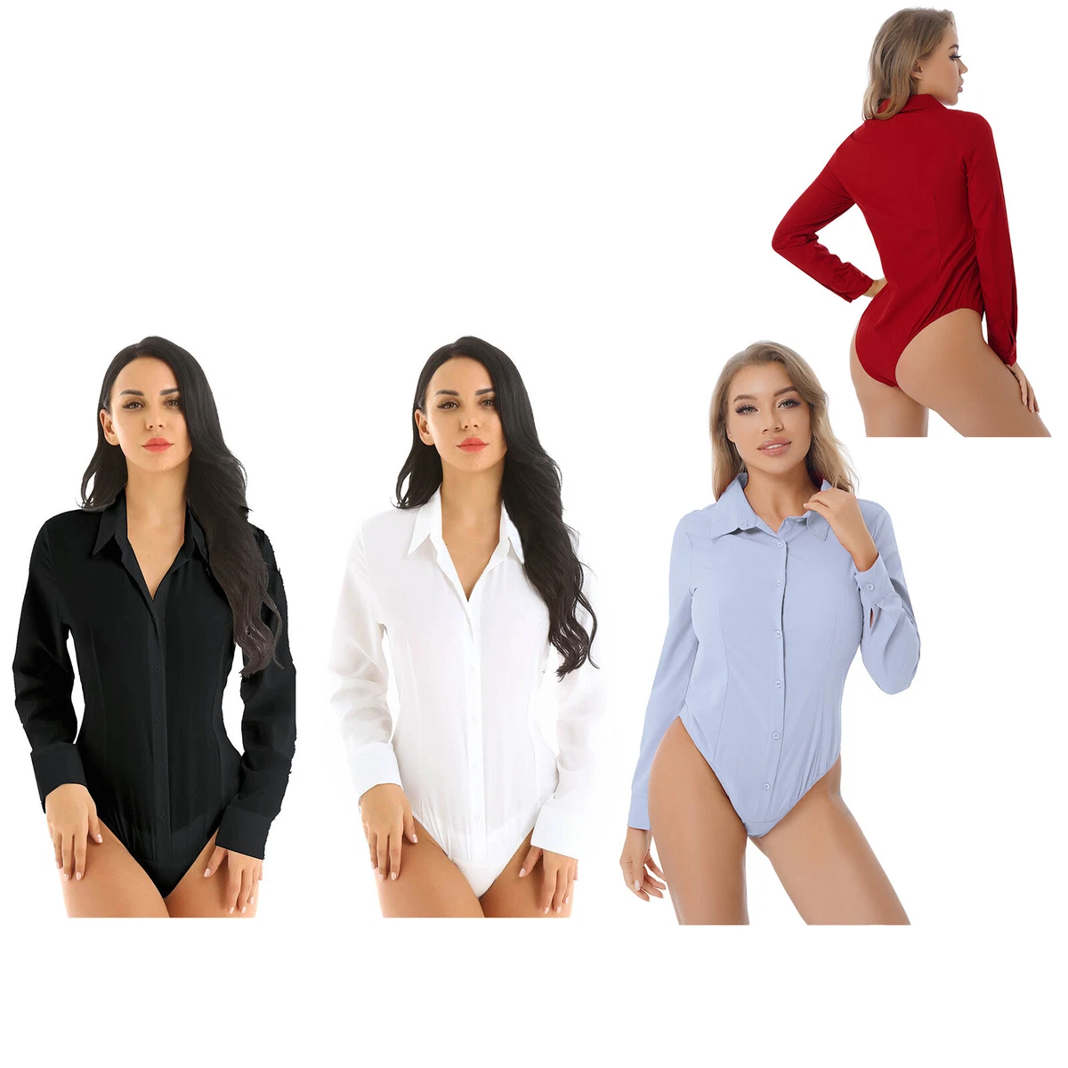 Women Long Sleeve Press Button Down Crotch Shirt Easy Care Work Leotard  Bodysuit