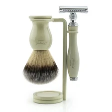 Durable Shaving Kit Vegan Synthetic Bristle Brush Double Edge Safety Razor Ivory