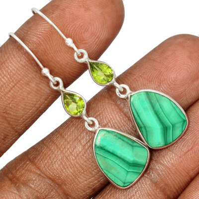 Natürlicher Malachit - Kongo & Peridot 925 Sterling Silber Ohrringe Schmuck CE41153
