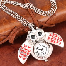 Cute Small Night Owl Pocket Watches Necklace Chain Gifts Arabic Numerals Dial