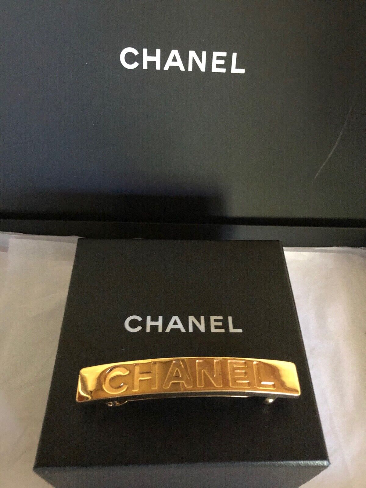 CHANEL VINTAGE GOLD CHANEL LOGO HAIR CLIP BARRETTE 24K BOX