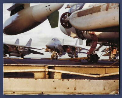 US Navy F-14 Tomcats Parked on the Bow Viewed from Catwalk EA-6B Nearside