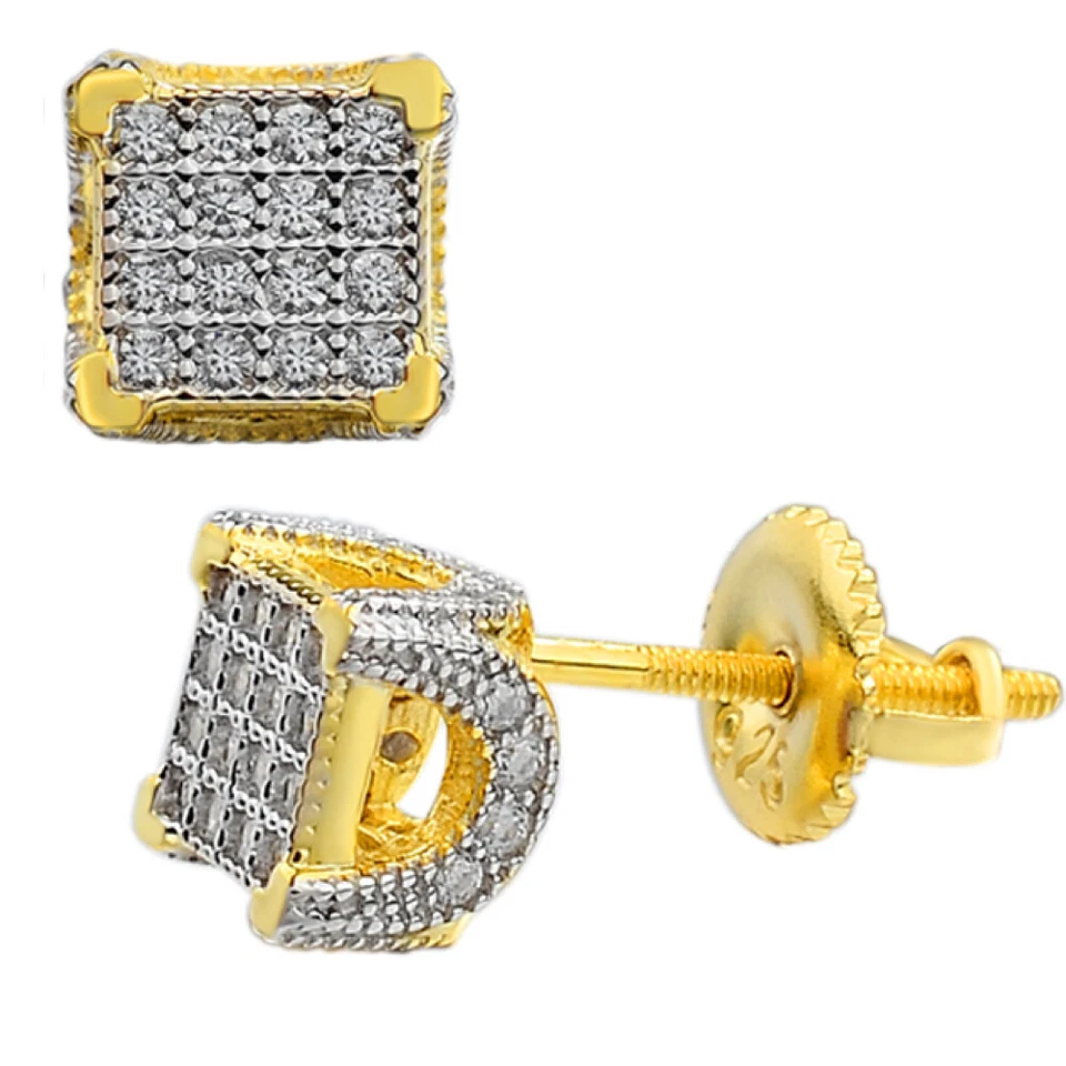 Mens Ladies Solid 925 Silver & 14k Gold Plated CZ Earrings Studs Small Square