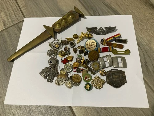 Vintage Junk Drawer Lot WW1 Military Trench Knife Collectibles Pins Catholic Med