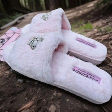 Juicy Couture Slide Slippers Faux Fur Pink Silver Crown Women s Size XL 9.5 10.5