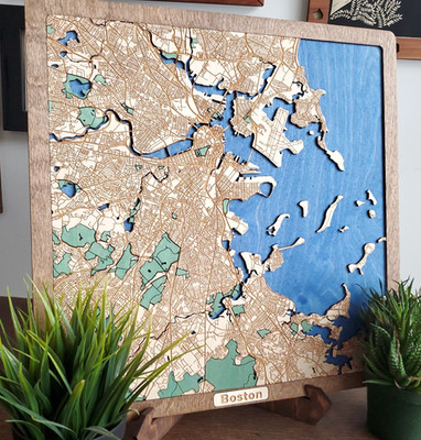 Map of Boston carved into wood, beautiful & intriguing wall art piece & decor