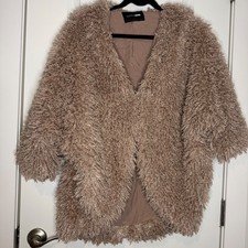 Fashion Nova Fuzzy Shag Faux Fur Open Front Cardigan Jacket Taupe S/M