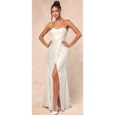 NWT Lulus Heidy White Satin Strapless Maxi Dress Womens M Sequin Bridal Wedding