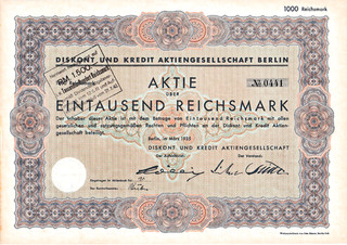 € 1 Diskont und Kredit AG Berlin historische Bank RM Aktie 1935 Dresden Sachsen