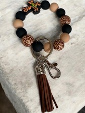 Leopard Print Keychain Wristlet Bangle Beaded Cross PU Leather Tassel Charm