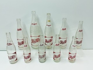 LOT OF 10: VTG PEPSI COLA EMB DECO RED& WHITE GLASS SODA BOTTLES (INTERNATIONALS