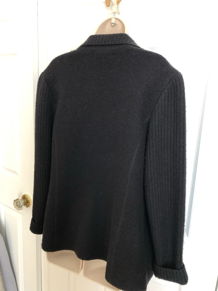 Lands End Womens Cardigan Sweater  Black Boiled Wool Knit Sleeves Full Zip Large - Image 3 of 4