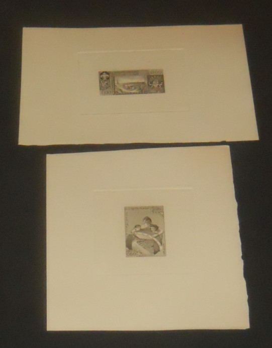 Laos 49, 51 1958 UNESCO 2 sunken center die proofs Paris Scene, Mother+Children