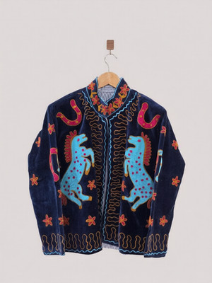 Vintage Navy  Blue Velvet Jacket Embroidered Horses Ethnic Boho Statement Wear