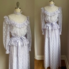 Vintage 1970  s Victorian Prairie Style Lavender Lace Maxi Dress Medium