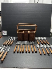 Wicker Silverware Caddy w/Sir Lawrence 17 Pc Silverware & 8 Steak Knives