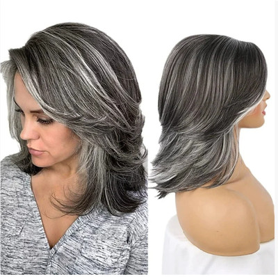 Layered Cut Bob Hairstyle Black Gray Mix Synthetic Hair Wigs Women Soft Natural