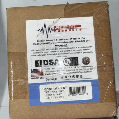Pacific Seismic 1 1/4  Horizontal Gas Earthquake Valve 