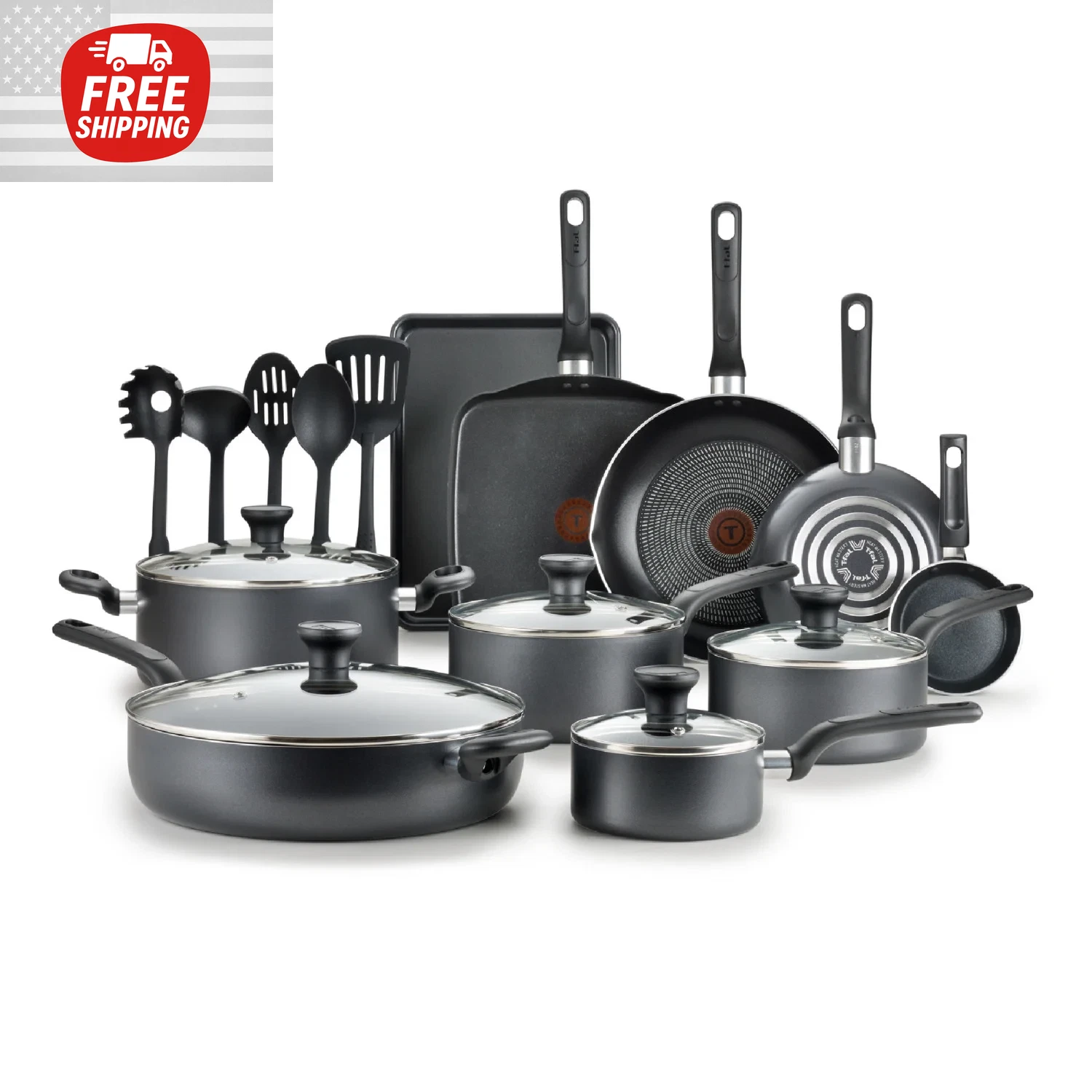 T-fal Anodized Nonstick 20 Piece Cookware Set Easy Care, Grey