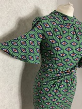 Jolie Moi Green Geometric Midi Dress UK 8 Boho Kimono Sleeve Tie Waist Retro Chi