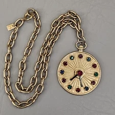 Vtg Emmons Clock Necklace Round Gold Tone Choker Chain Collar Starburst 15.75"