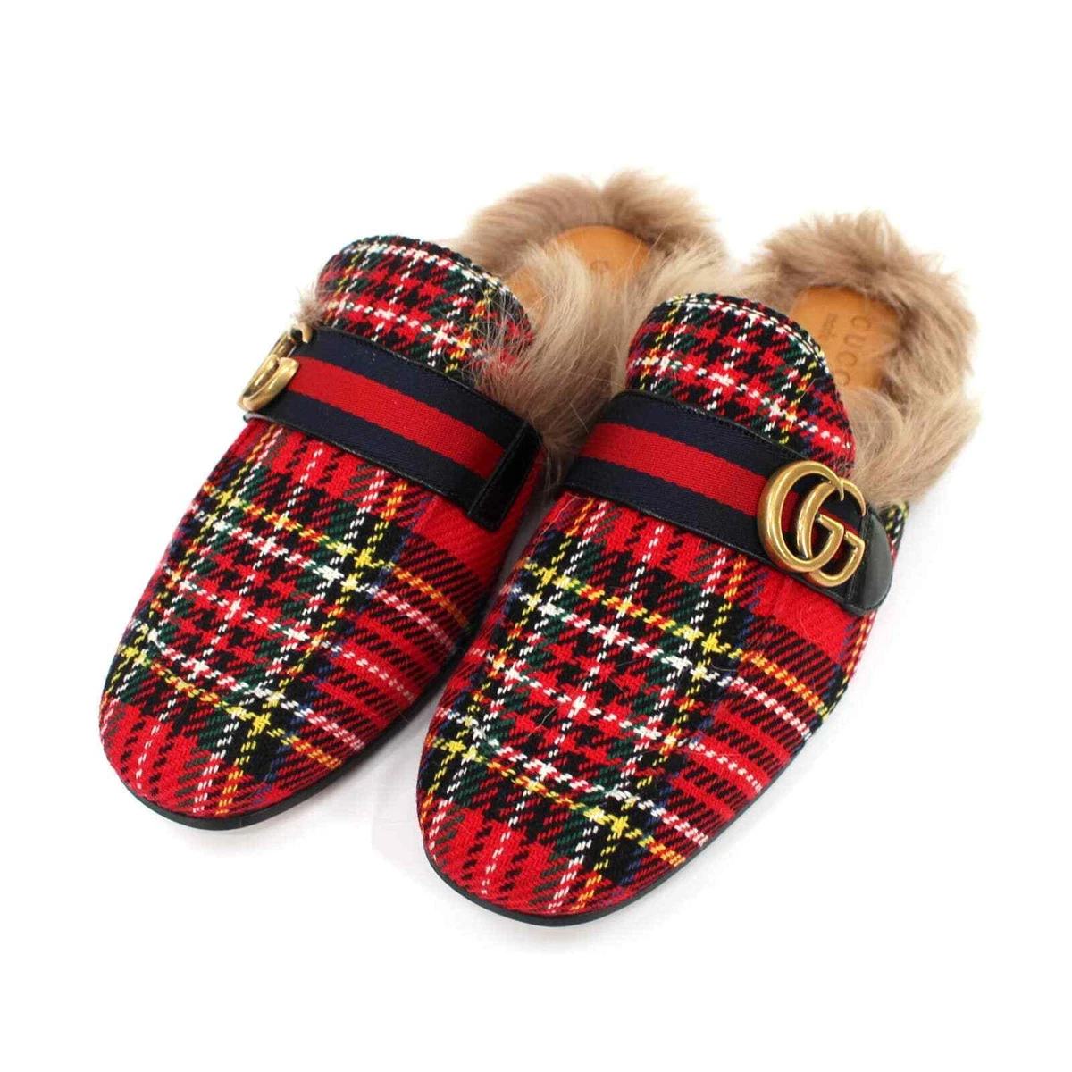 Gucci Princetown Double GG Red Tartan Plaid Fur Lined 7 NEW | eBay