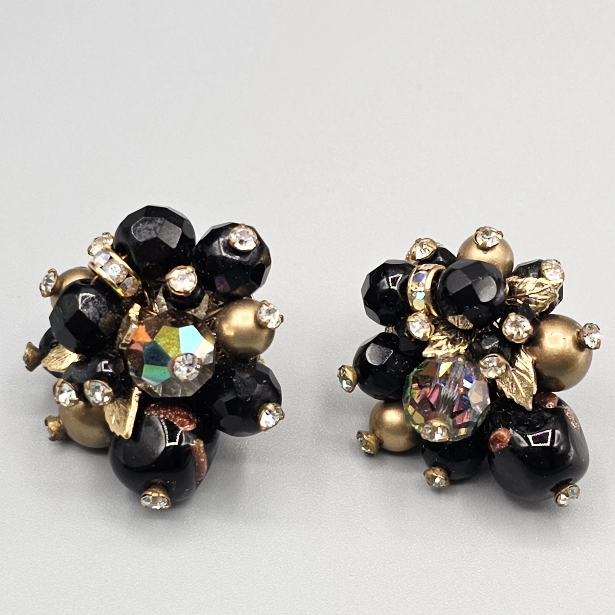 Vintage Vendome Earrings Clip On AB Cluster Black Bead Rhinestone
