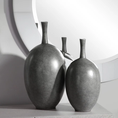 Marbled Black White Gray Modern Vase Set 2 Round Ceramic Minimalist Oval - Picture 3 of 4