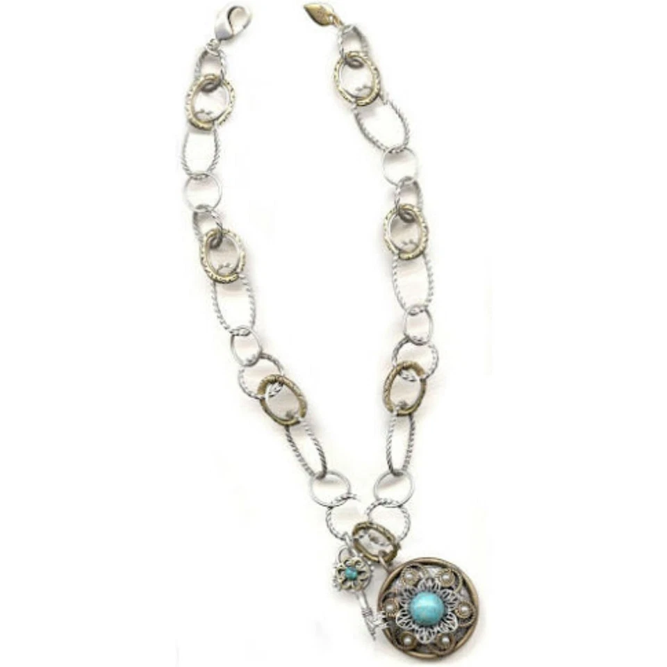 Sweet Romance Medallón Piedra Turquesa con Llave Plata Bronce Colgante Collar Nuevo con Etiquetas Foto 2 de 3