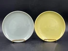 2 Bauer Los Angeles  Pottery Dinner Plates Raised Edge 9.5”. Yellow & Grey