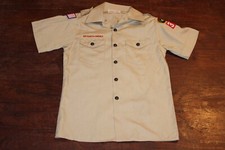 Boy Scouts of America BSA Youth Shirt Large Tan Sewn Patches Short Sleeve