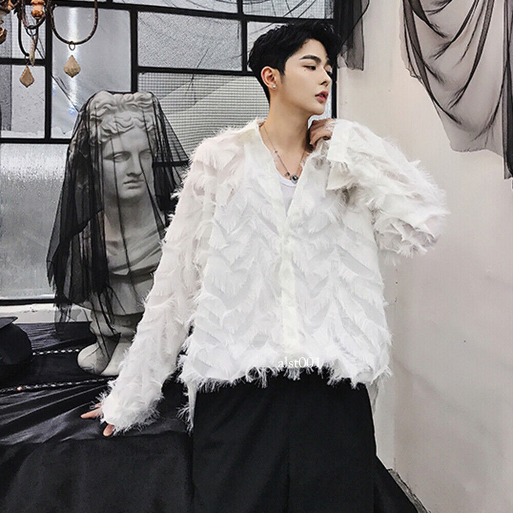 Men Tassels Fringes Feather Look Long Sleeve Shirt Loose Oversiz